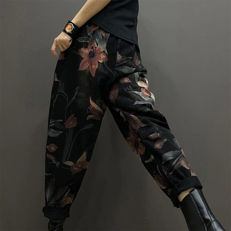 Spring New Literary Large Size Printed Denim Old Dad Pants