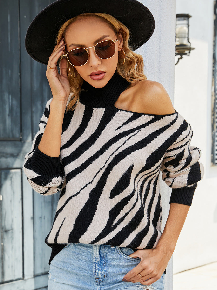 Half-high Collar Long Sleeves Tiger Pattern Sweater Off-the-shoulder Sweater