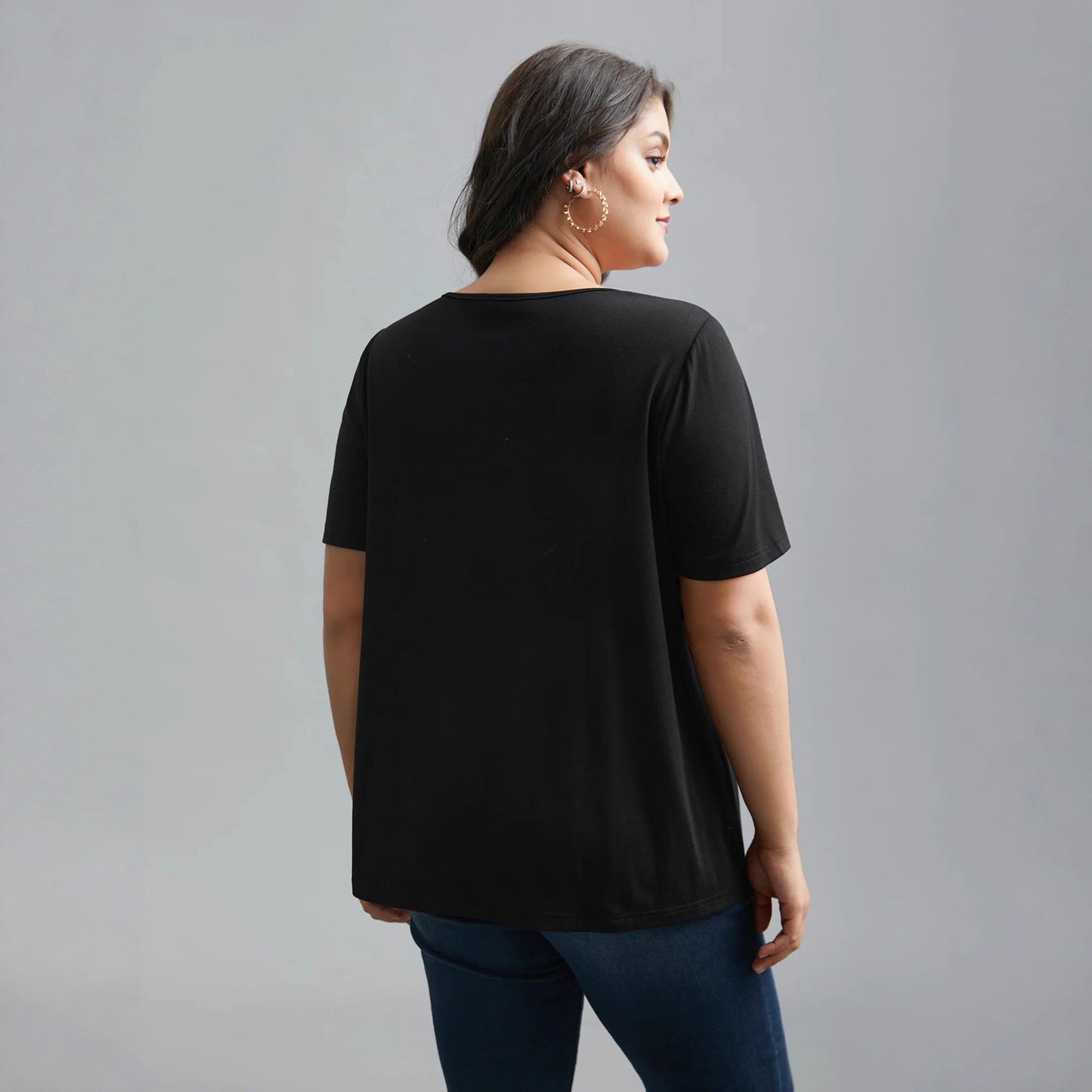 Fashion Slim-fit Casual Comfortable Versatile Black V-neck Diamond-encrusted T-shirt