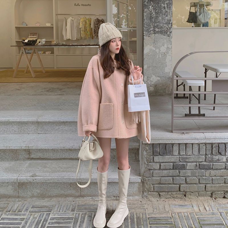 Women's Solid Color Mid-length Hooded Wool Coat