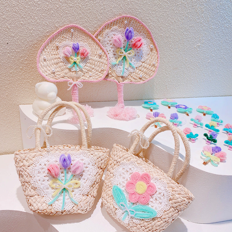 Sweet Flowers Lace Love Woven Handbag Pearl Handheld Fan
