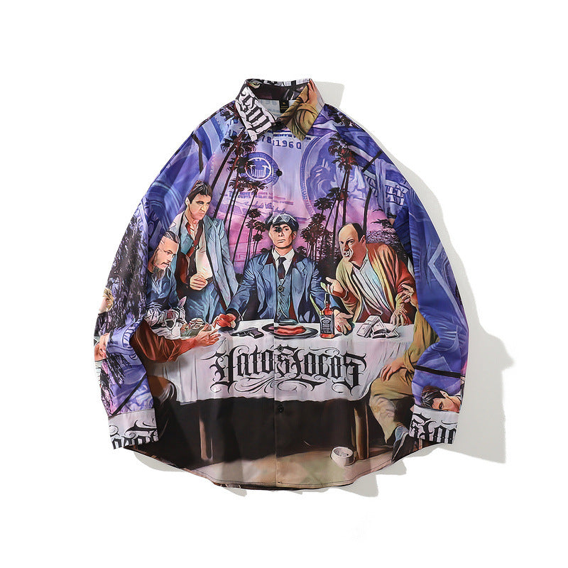 Men's Retro Religious Long Sleeve Printed Casual Shirt