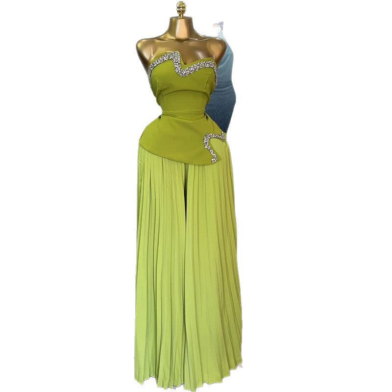 Tube Top Irregular Top Pleated Wide-leg Pants Set