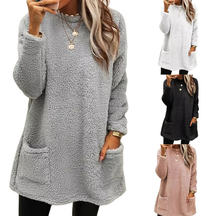 Ny damelomme rund hals afslappet varm langærmet T-shirt kjole