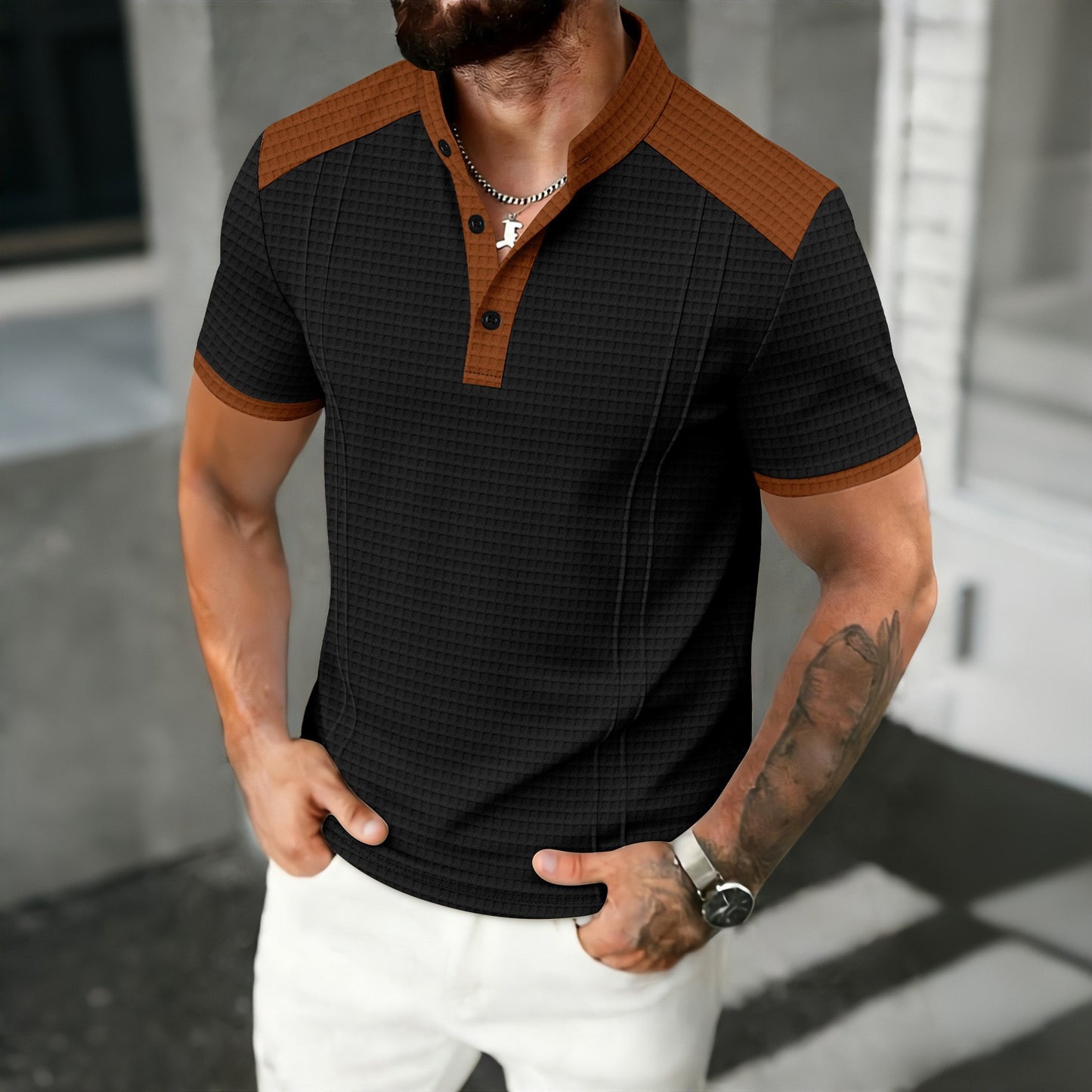 Men's Waffle-Weave Contrasting Color Short-Sleeve Casual Breathable Top