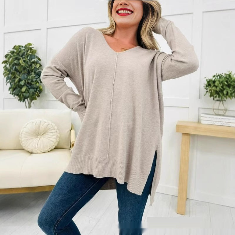 Women's Design Sewing Front Sweater Loose Knitwear Long Sleeve Top