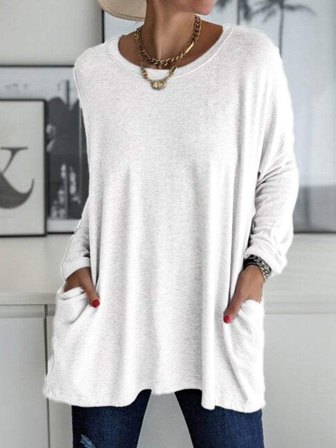 Spring And Summer New Round Neck Long Sleeve Loose Pockets Solid Color