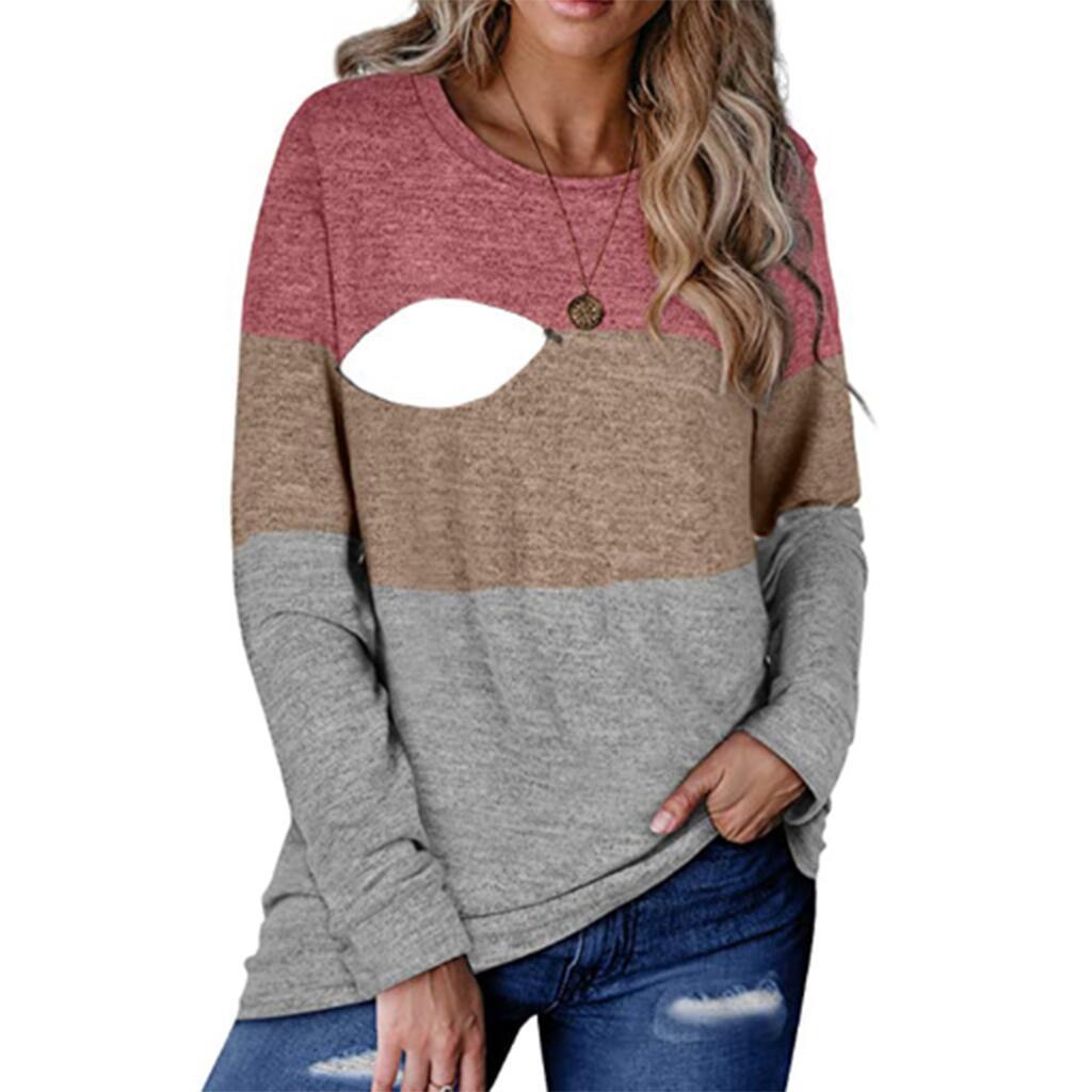 Long Sleeve Colorblock Crew Neck Nursing Top T-Shirt