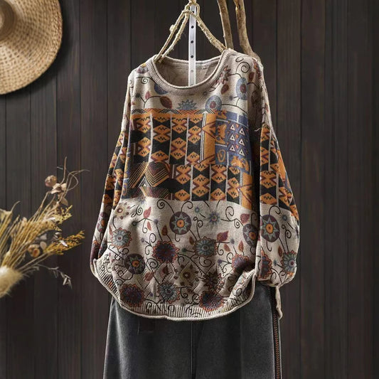 Women's Vintage Printed Cotton Knitted Sweater Round Neck