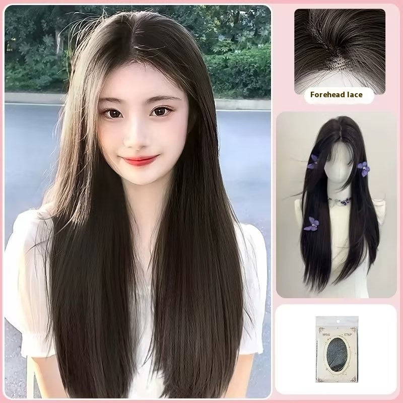 Breathable Mid-length Black Long Straight Forehead Lace Wig