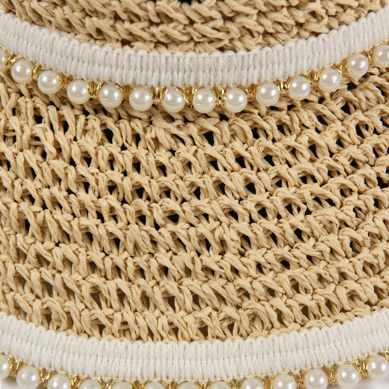 Pearl Decoration Hand Crochet Paper Straw Hat Foldable Big Brim Sunshade Beac