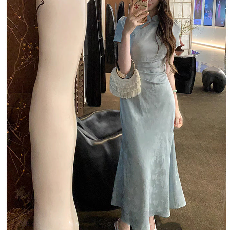 Retro Dark-pattern Short-sleeve Maxi Dress