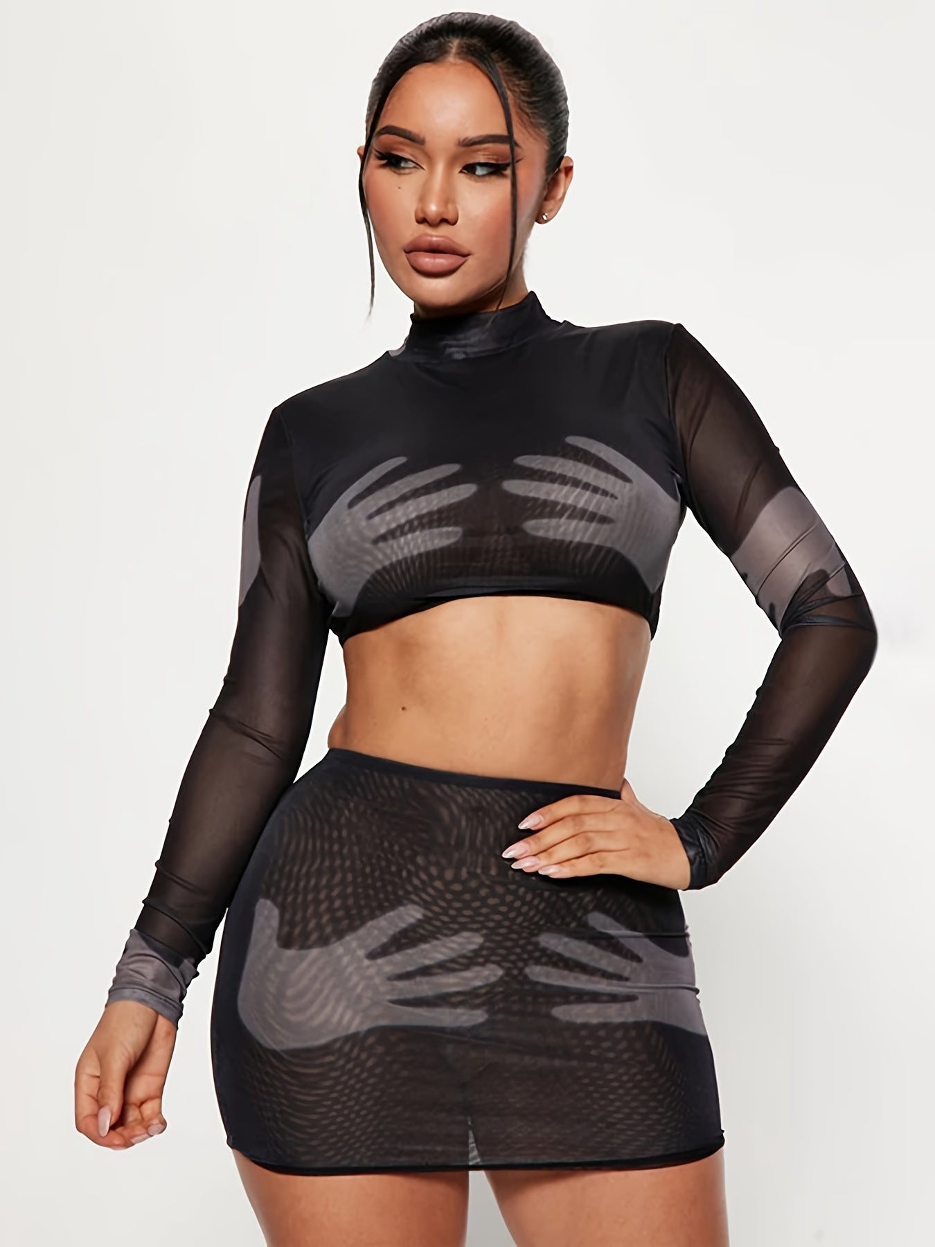Womens Sexy Mesh-Panel Long-Sleeve Skirt Set