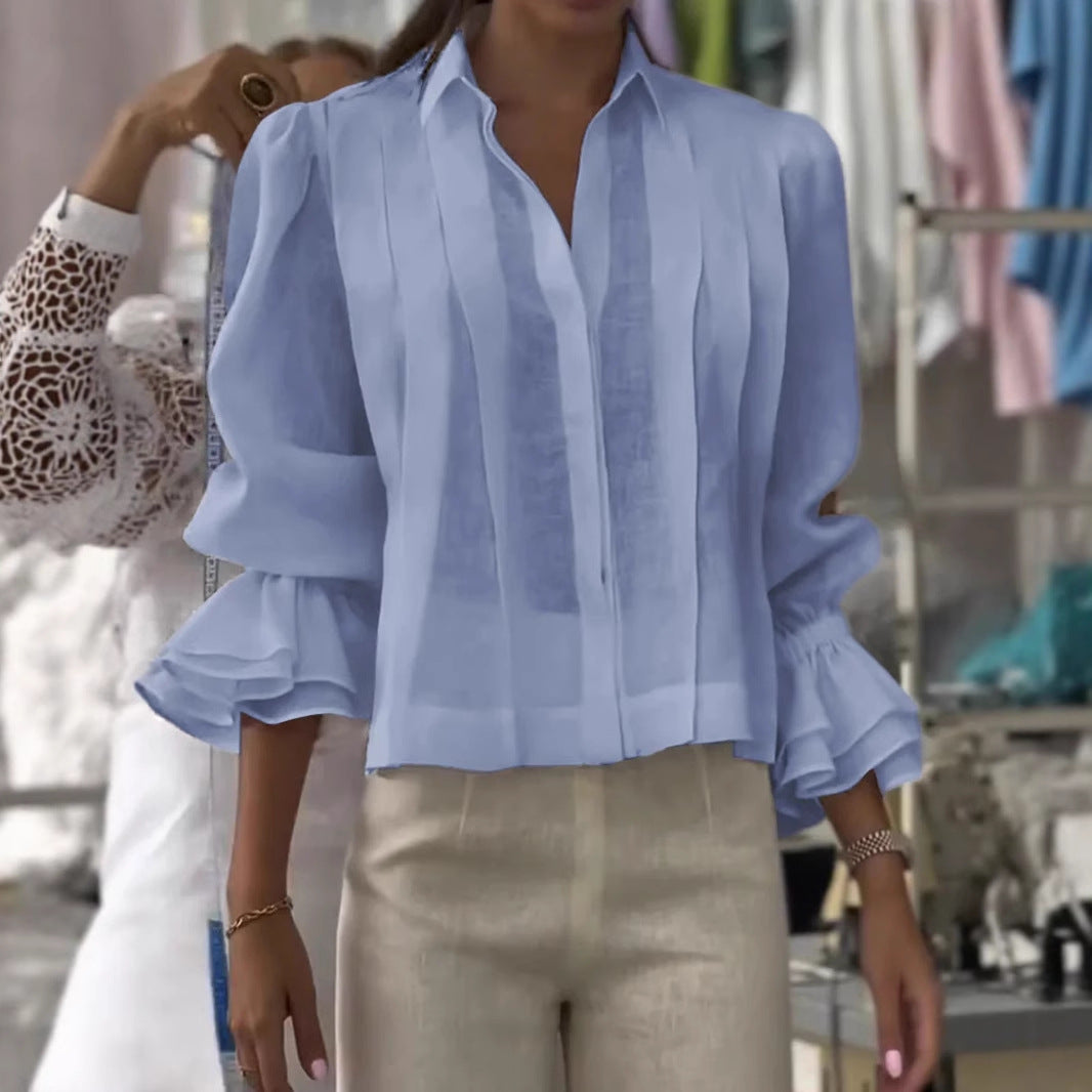 Pleated Solid Color Stitching Short Sleeve Shirt