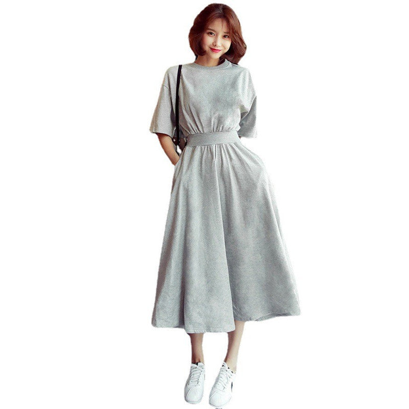 Slimming Defined Waist High-Waisted Round Neck Long Dress