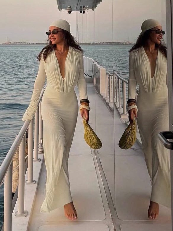 Womens Sexy Solid-Color Deep V-Neck Button-Front Bodycon High-Waist Long-Sleeve Dress