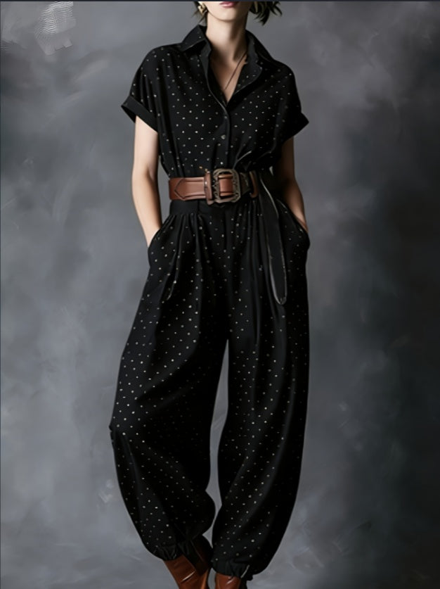 Gold Polka Dot Collared Waist-Cinched Wide-Leg Jogger Jumpsuit