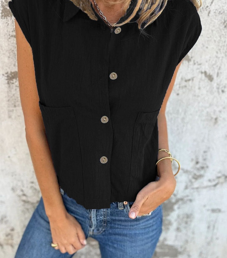 Casual Loose Short Sleeves Button Pocket Cotton Linen Shirt Women