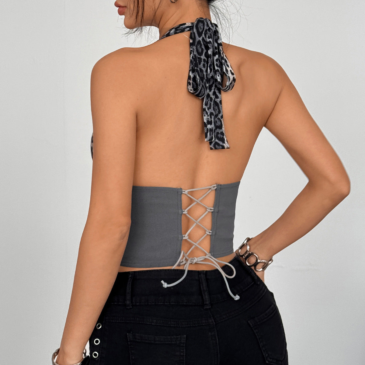 Leopard-print Patchwork Halter Deep-V Fishbone Base Vest For Women