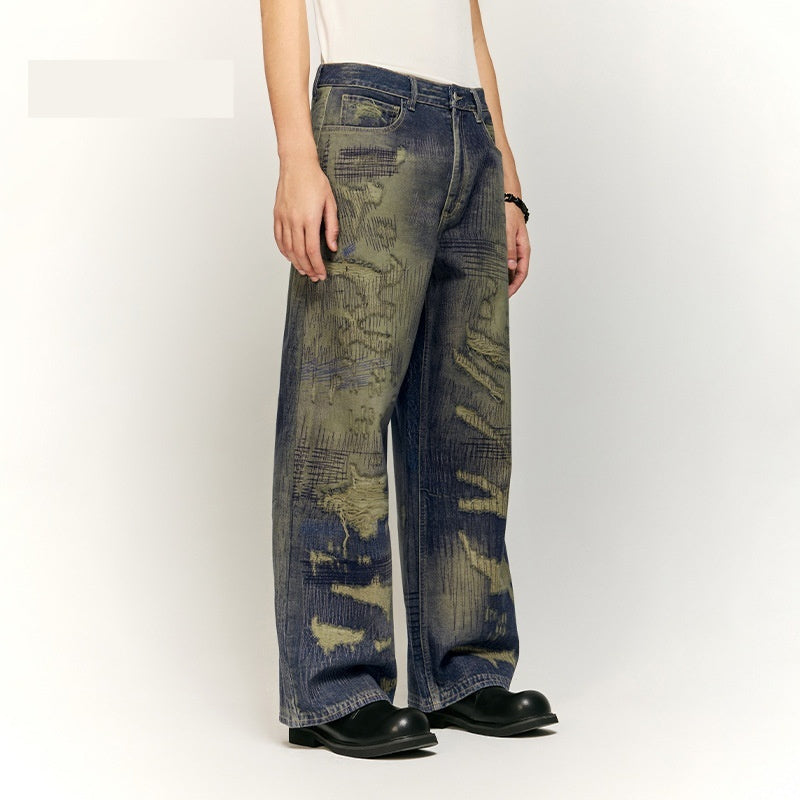 Autumn And Winter New American Street Fashion Printed Denim Wide Leg Pants For Men