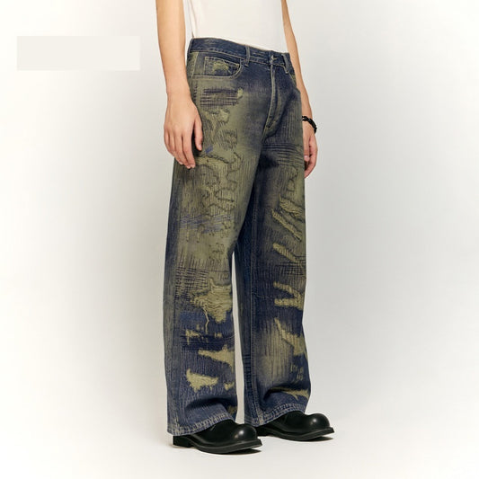 Autumn And Winter New American Street Fashion Printed Denim Wide Leg Pants For Men