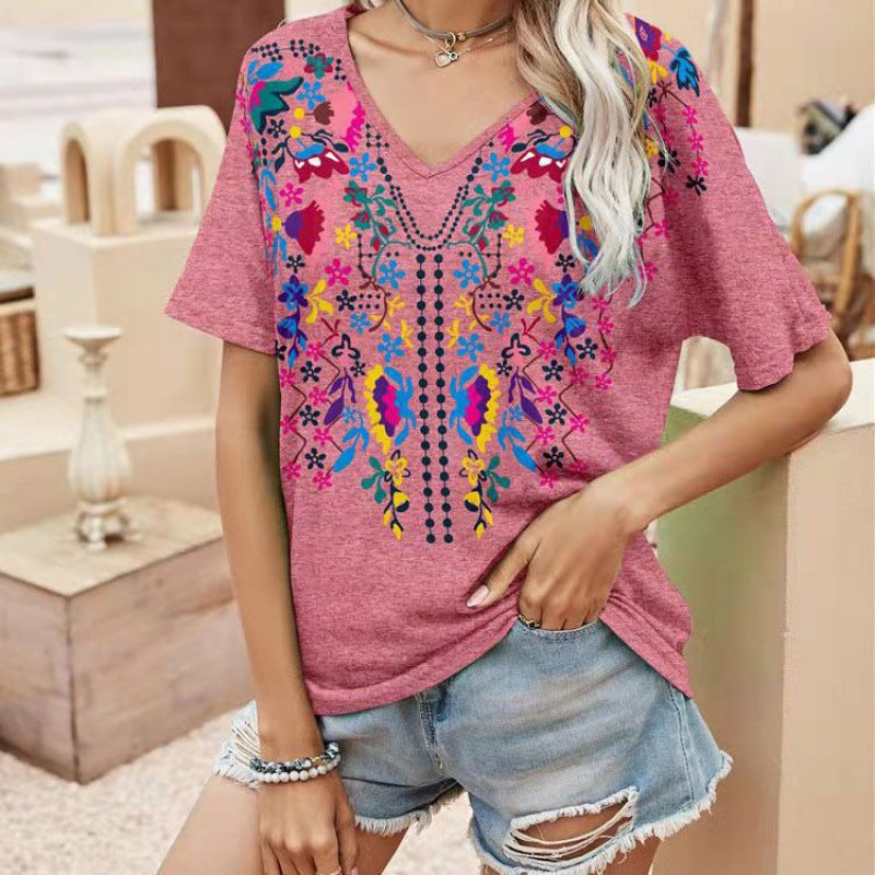 Women's Ethnic Style 3D Color Creative Fashion V-Neck T-Shirt