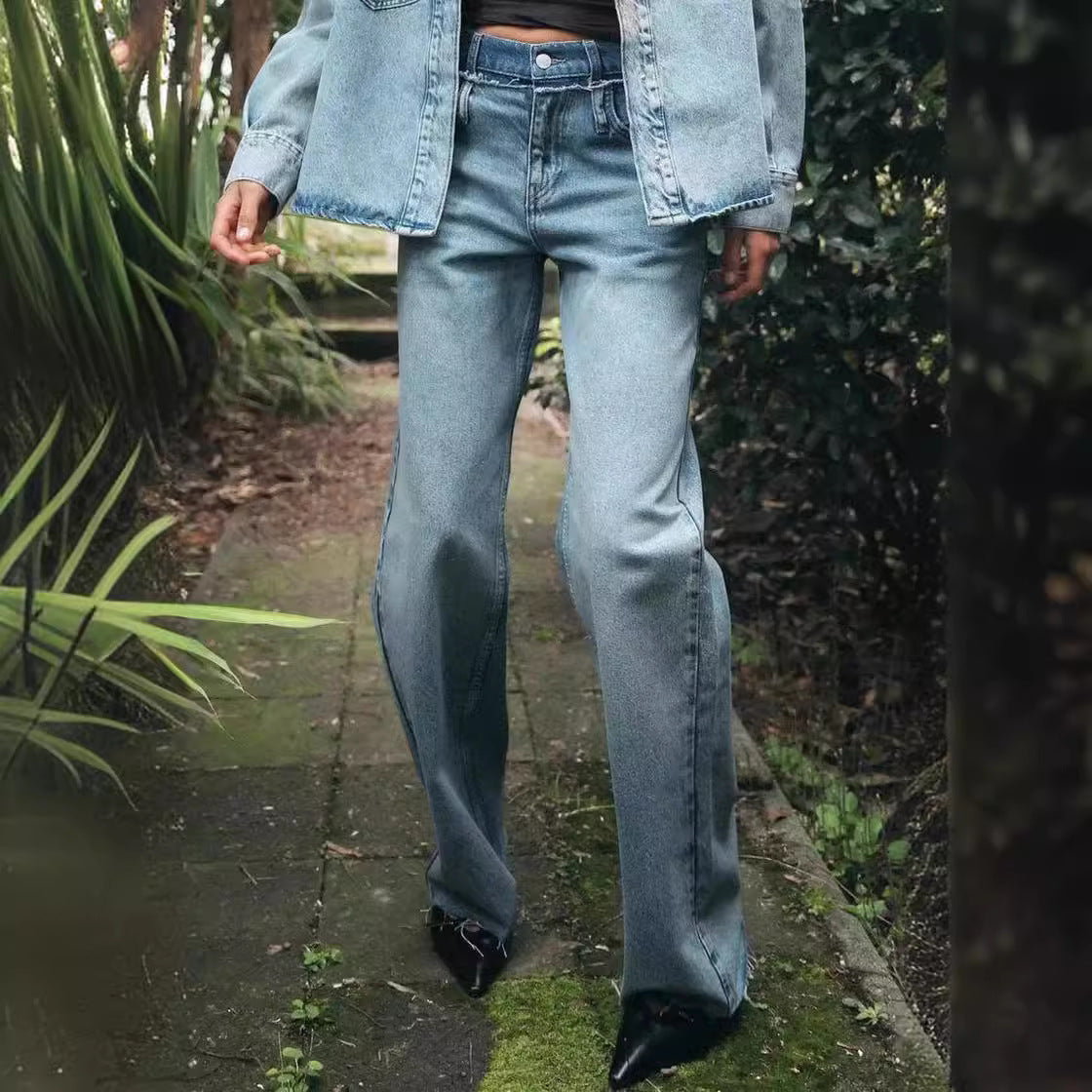High Waist Straight Double-layer Jeans