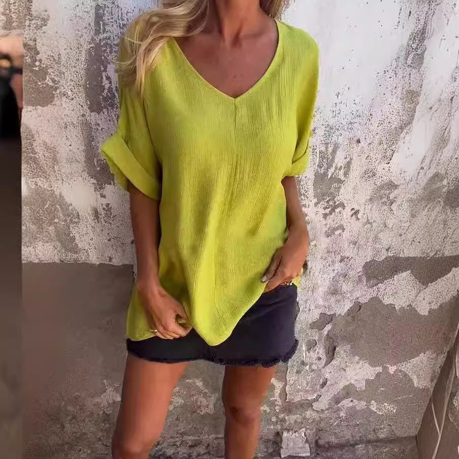 Women's Solid Color Versatile V-neck Loose Fitting Shirt