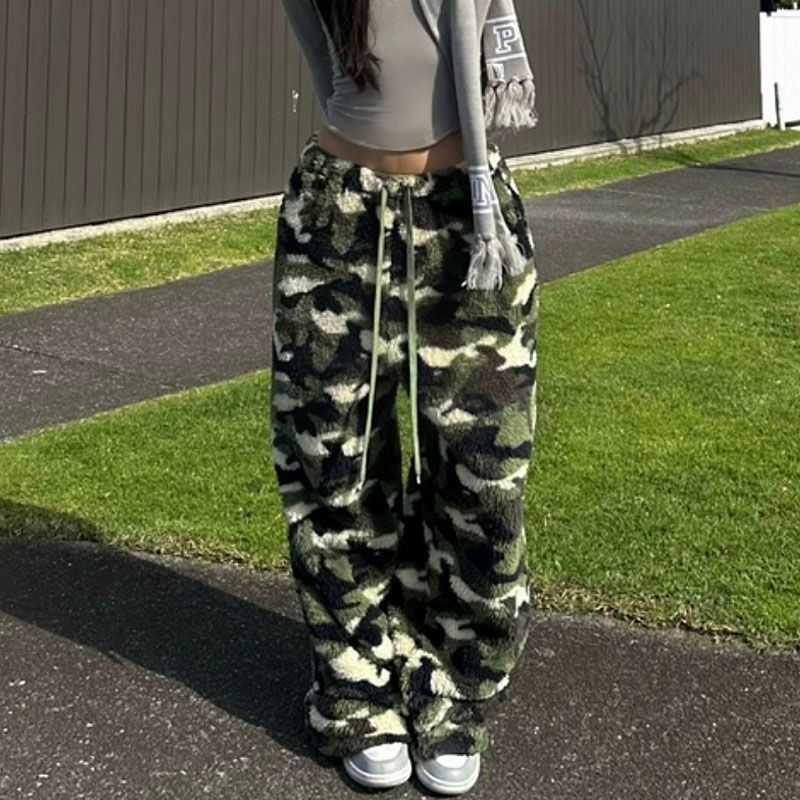 Amerikansk Camo Jacquard Retro Efterår-vinter Lammeuld Termo Løse Brede Ben Fritidsbukser