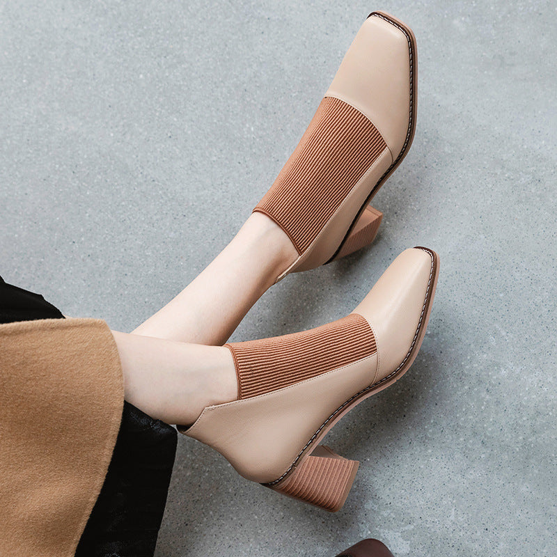Chunky Heel Short Boots Simple Elastic Mid-heel