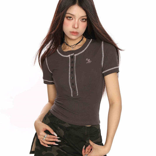 American Embroidery Contrast Color Straight Shoulder Short Sleeve