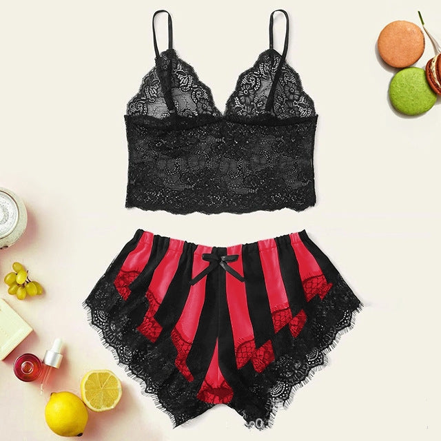 Women's Lace Home Striped Underwear Set
