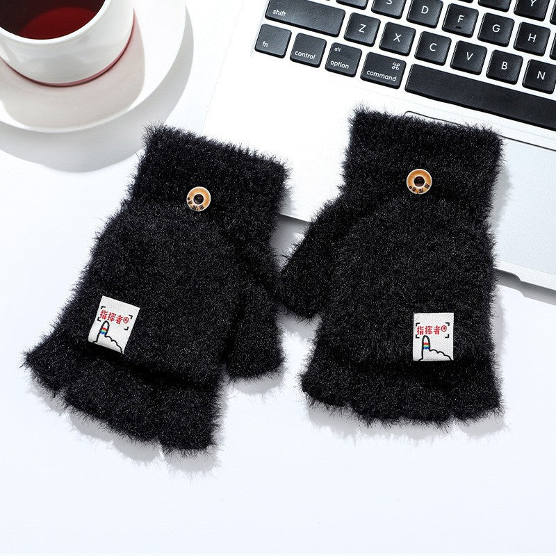 Plush Winter Half Finger Flap Warm Thickened Mink Like Knitting Gloves