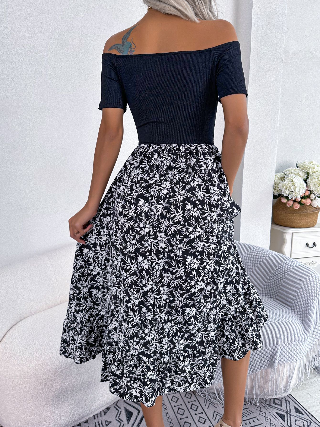 Women  Casual Off Shoulder Floral Print Ruffle Midi Dress