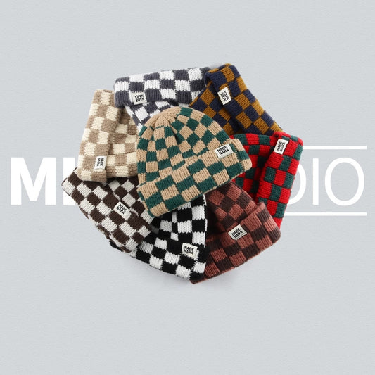 Autumn And Winter Warm Contrast Color Chessboard Plaid Woolen Cap