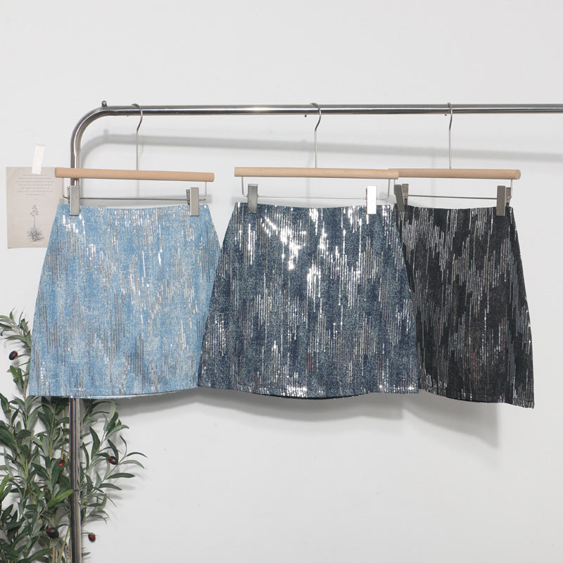 Hot Girl High Waist A- Line Sequined Skirt Shiny Skirt