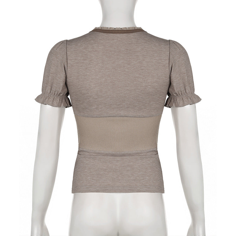 American Hot Girl Contrast Color Binding V-neck Slim Fit Puff Sleeve T-shirt