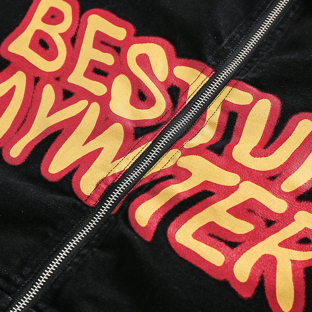 Color Matching Letters Polo Collar Jacket Men's Trendy Punk