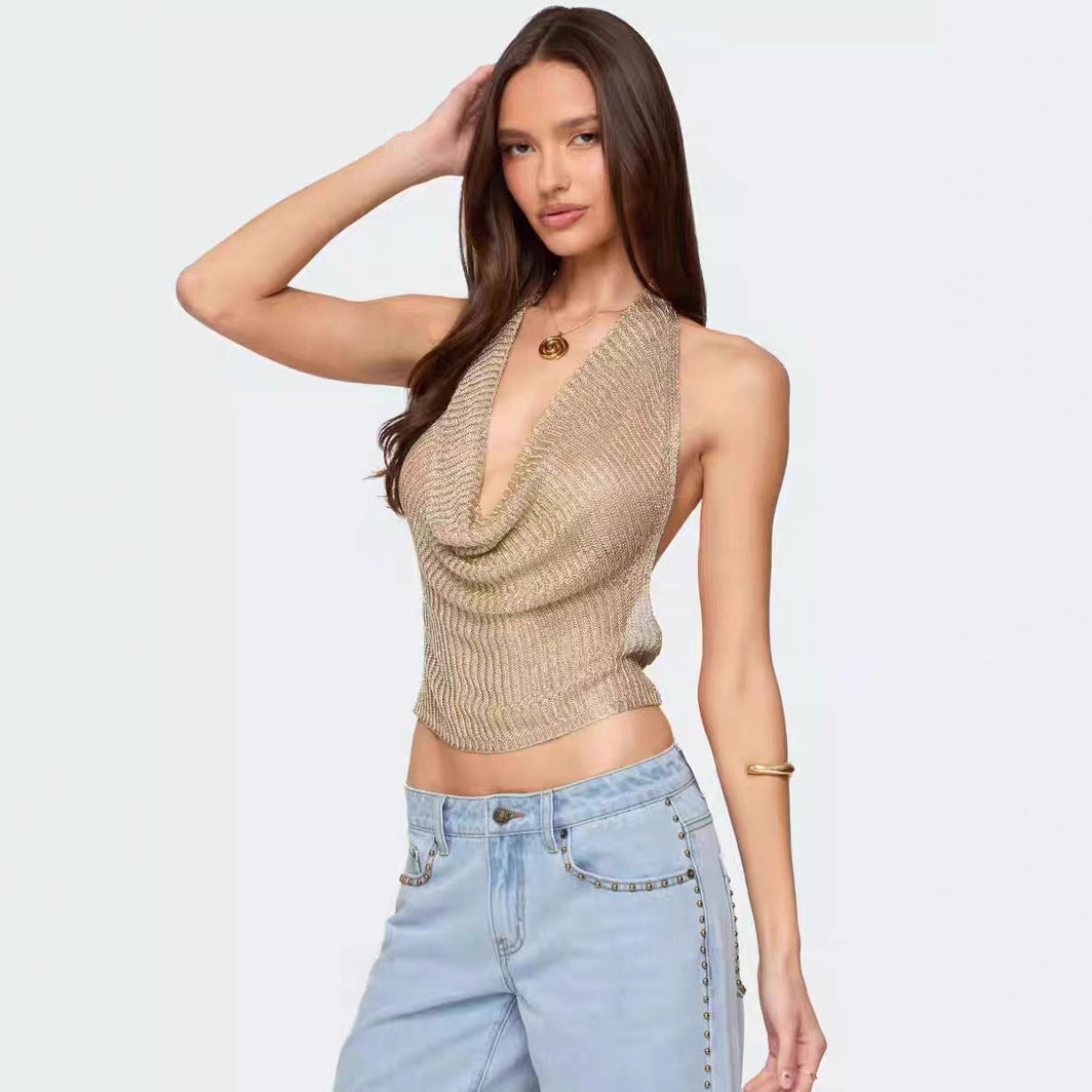 Hot Girl Glossy Knitted Pendant Collar Backless Top