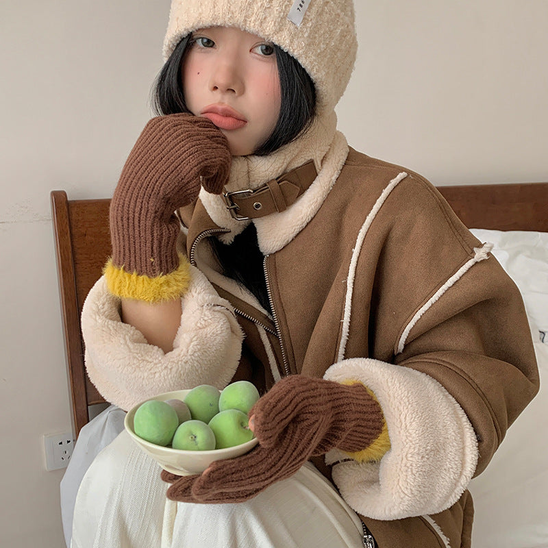 Touch Screen Finger Leakage Gloves Keep Warm Pure Color Finger