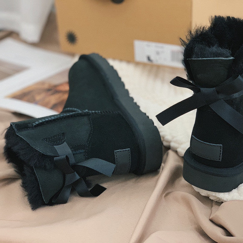 Sheepskin Snow Boots With Single Ribbon For Warmth