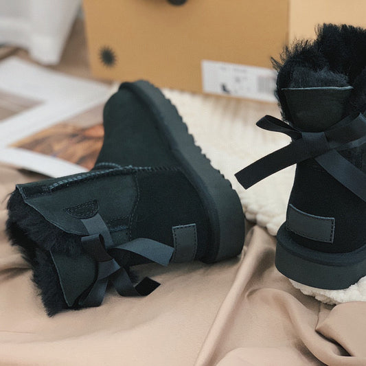 Sheepskin Snow Boots With Single Ribbon For Warmth