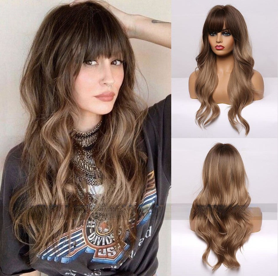 Women's Black Brown Bangs Long Curly Wig