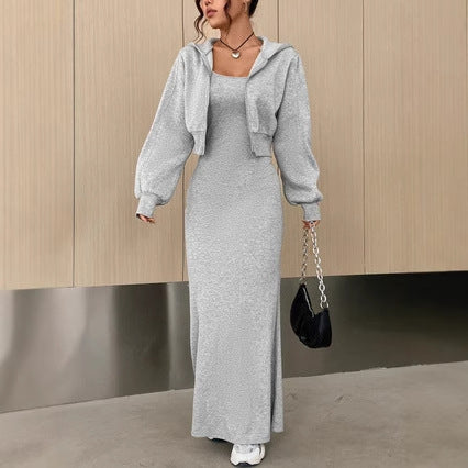Short Athletic Hoodie Jacket Long Slip Dress