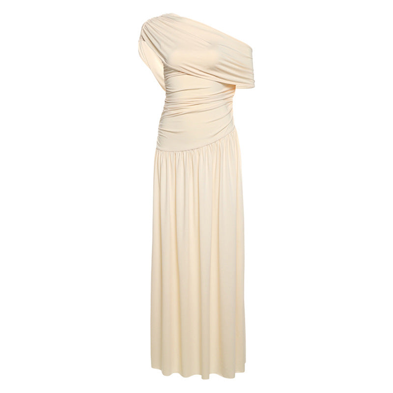 Elegant Off-the-Shoulder  Defined-Waist  Long  Solid-Colored Dress With A Slant Neckline