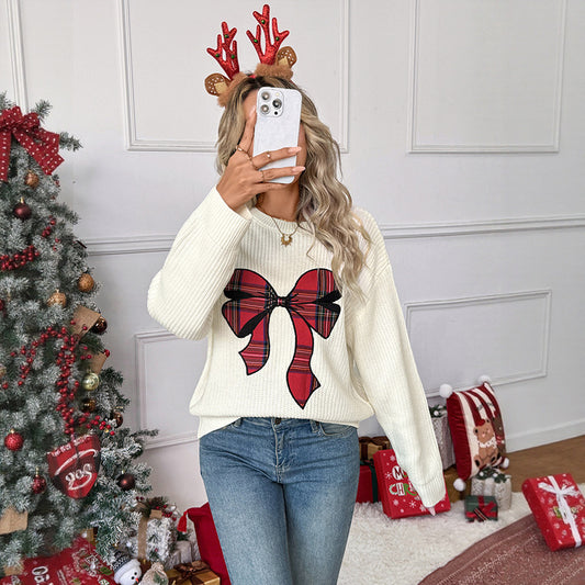 Women's Bow Plaid Embroidered Round Neck Sweater