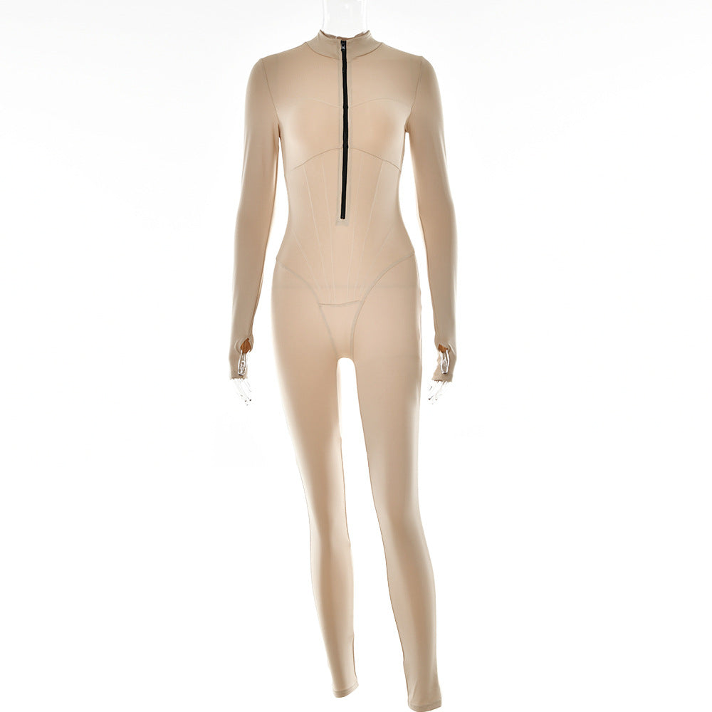 Women's Sexy Polyester Tight Zipper Jumpsuit Long Sleeve