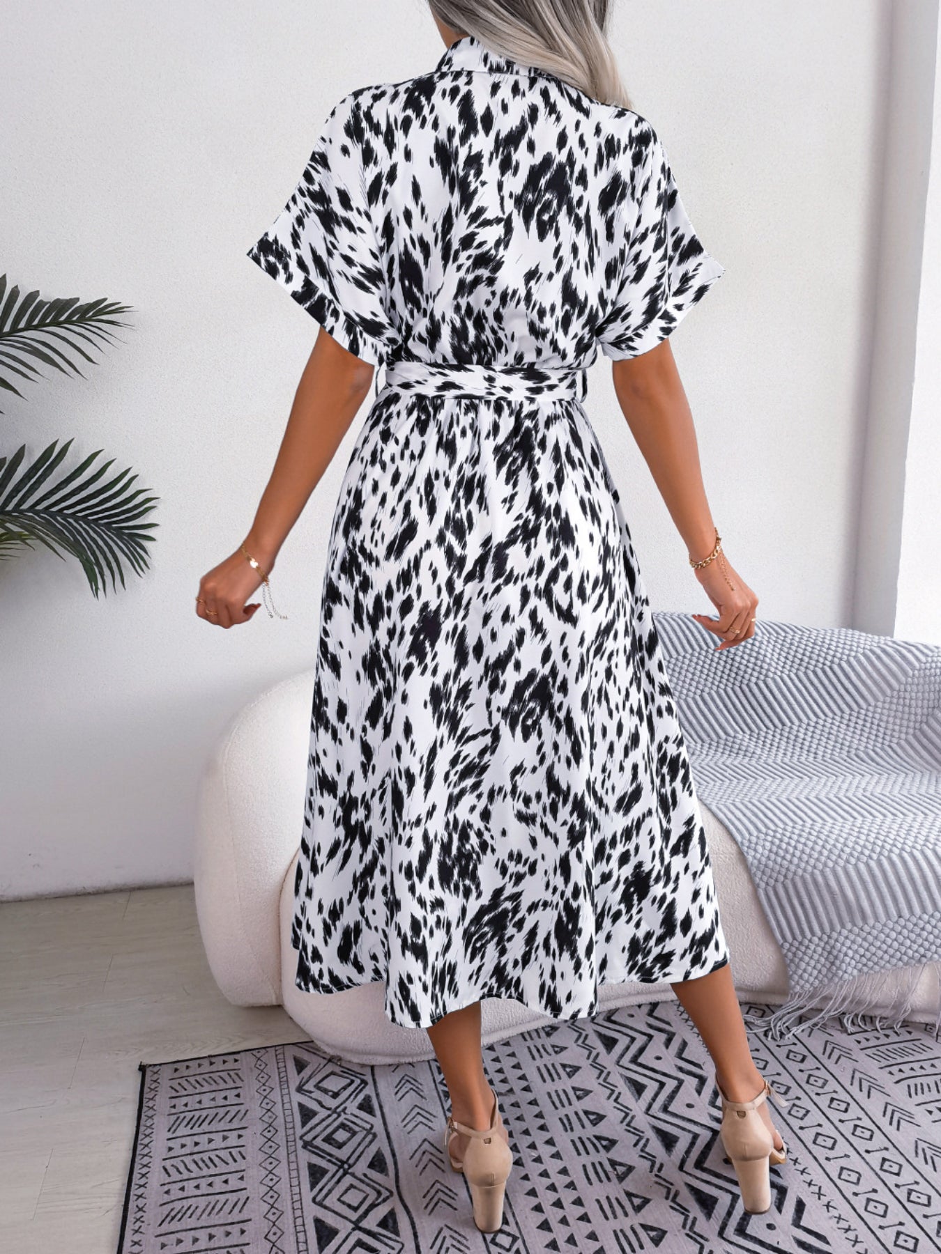 Women's Casual Loose Leopard Print Tie Waist Shirt Dress
