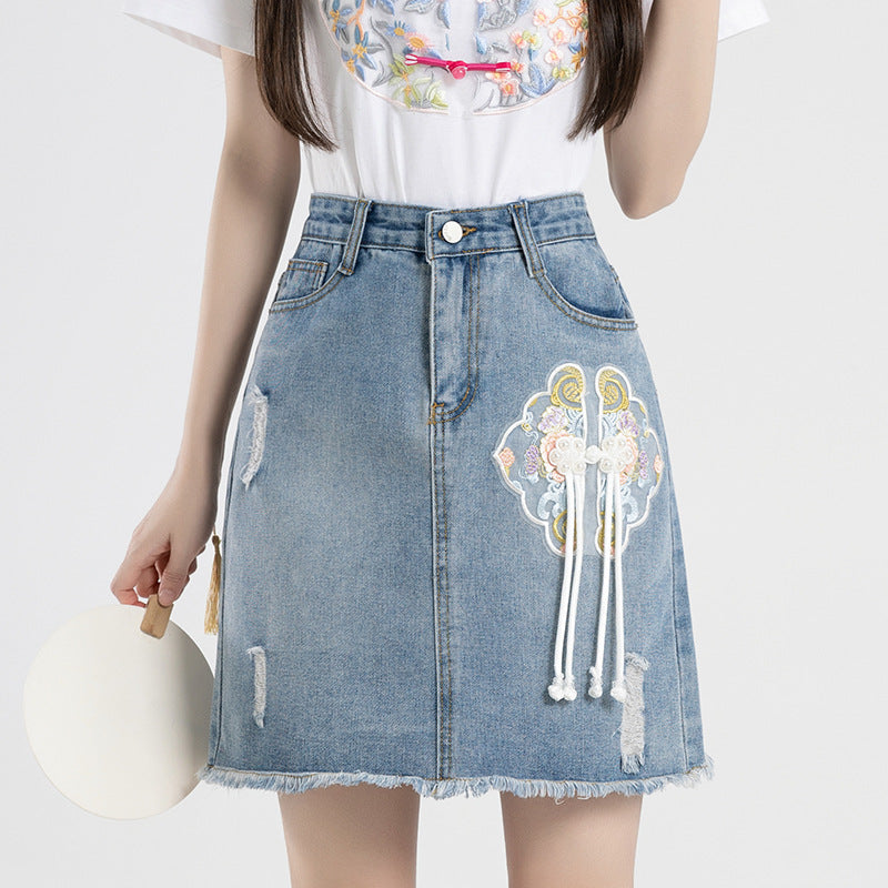 High Waist Slit Denim Skirt Vintage Embroidered Skirt