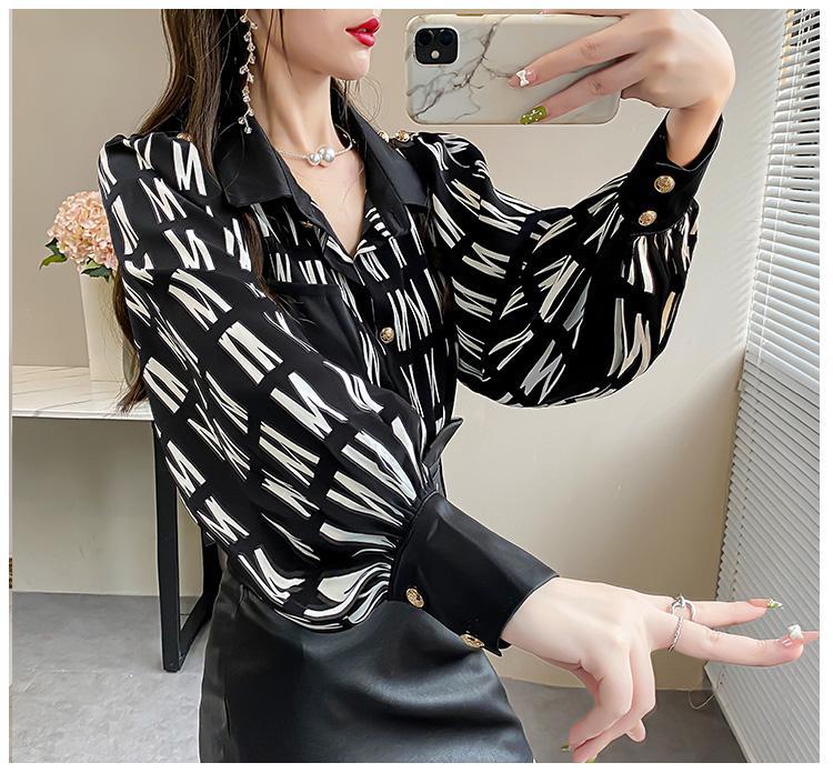 Letter Print Stitching Shirt Women's New Loose Lantern Sleeves